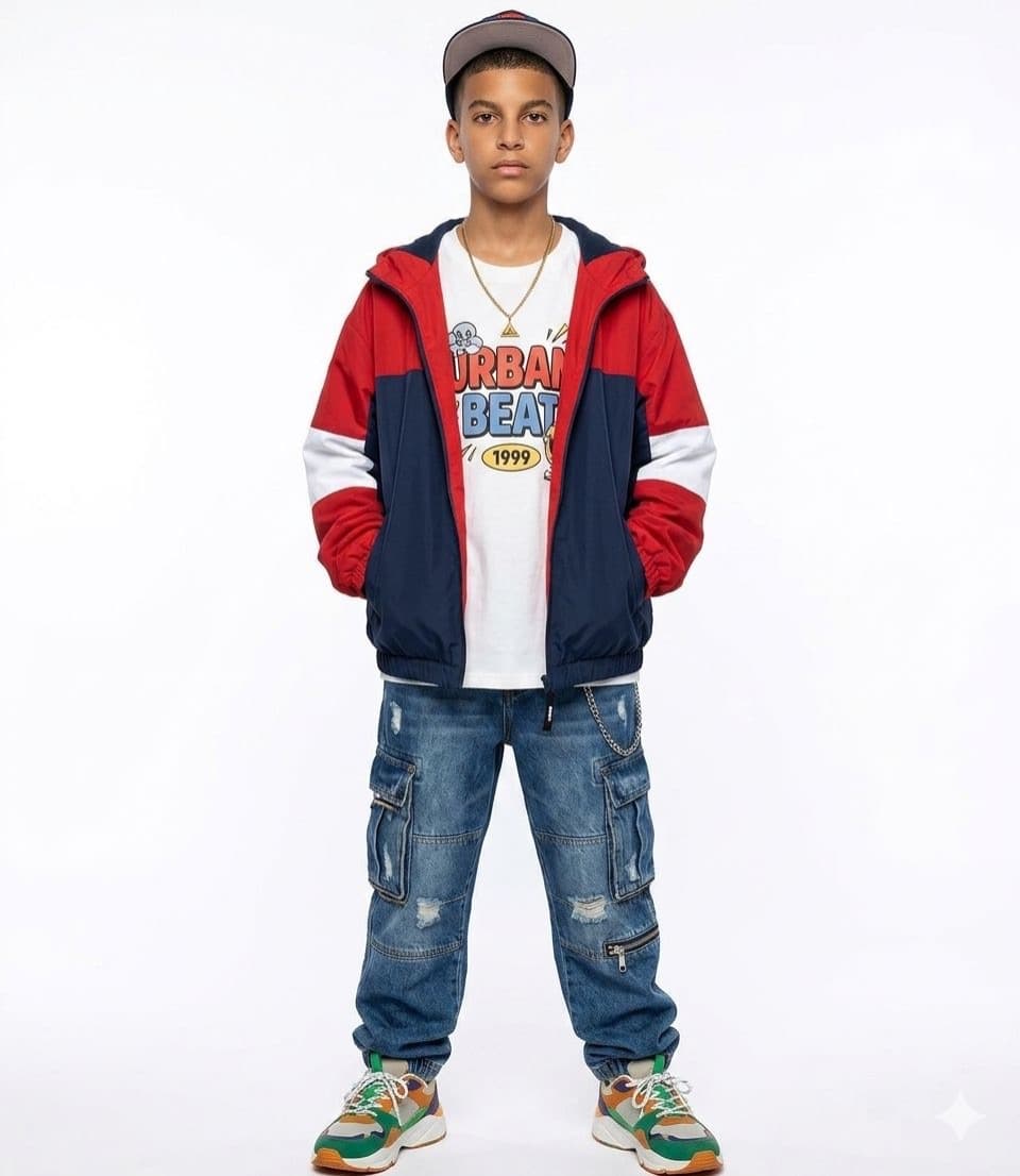 Teen in red and navy varsity jacket