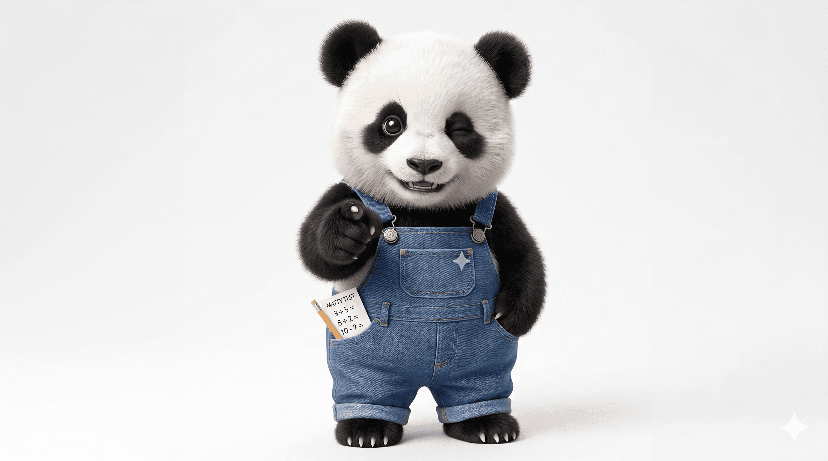 Stylised panda character in overalls