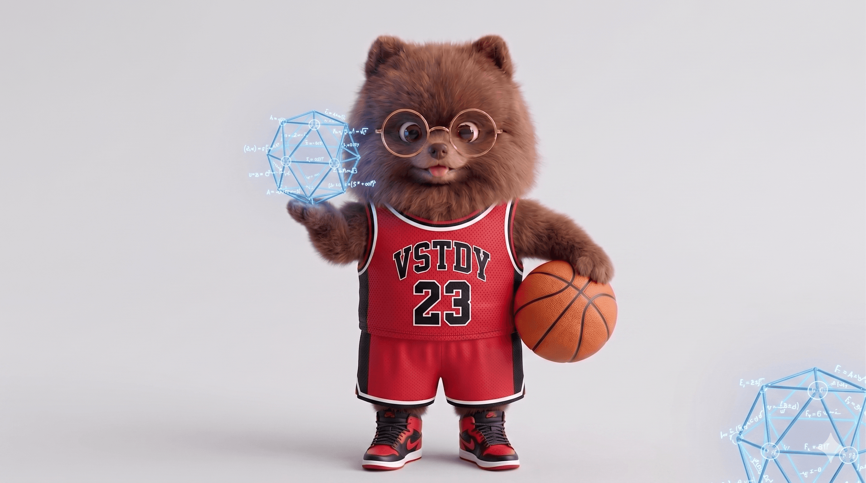 Pomeranian in a VStdy basketball jersey