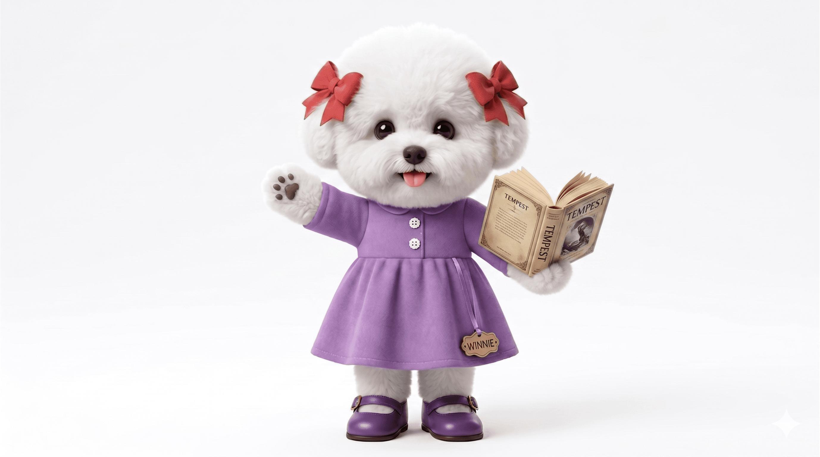 White puppy character holding a book
