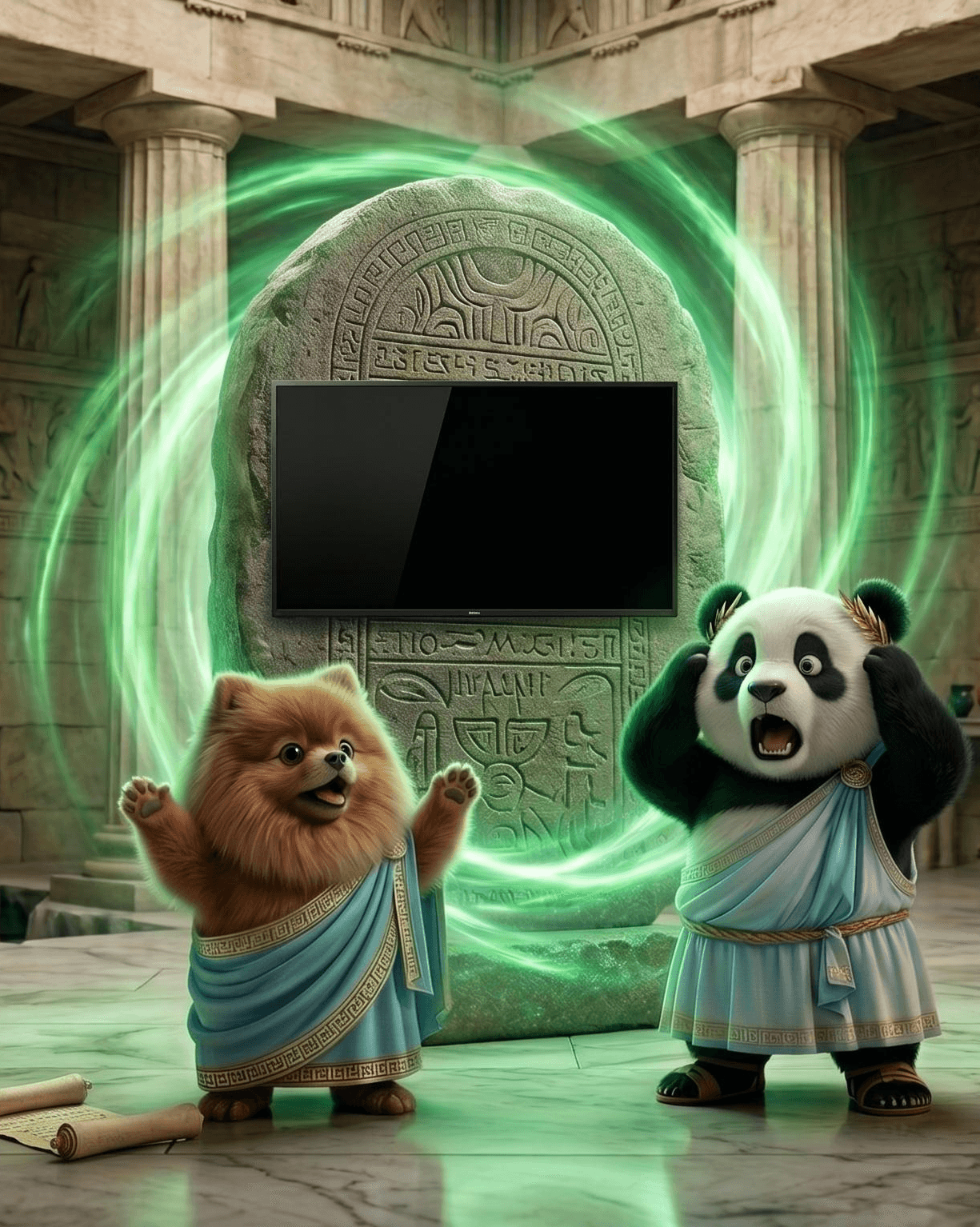 Panic Squad characters in togas beside an ancient stone tablet with a screen